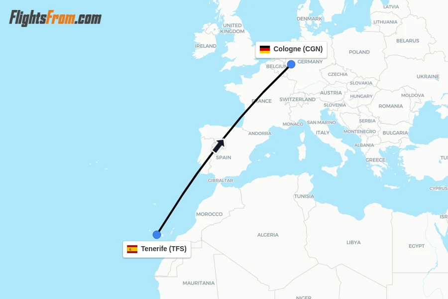 Flights from Tenerife to Cologne route map