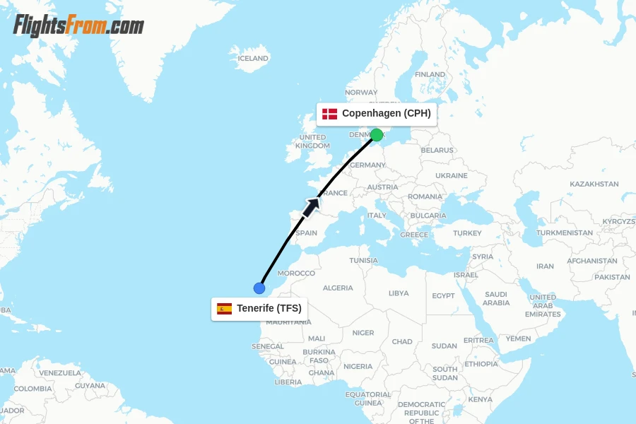 Flights from Tenerife to Copenhagen route map