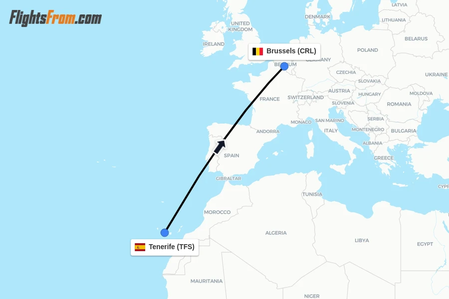 Flights from Tenerife to Brussels route map