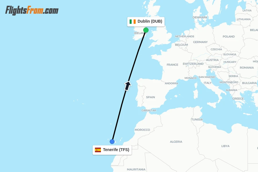 Flights from Tenerife to Dublin route map