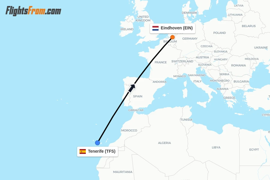 Flights from Tenerife to Eindhoven route map