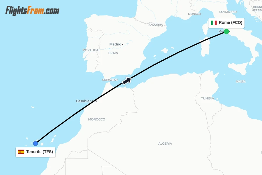 Flights from Tenerife to Rome route map