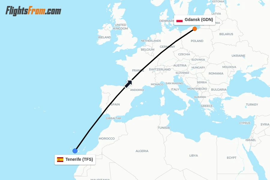 Flights from Tenerife to Gdansk route map