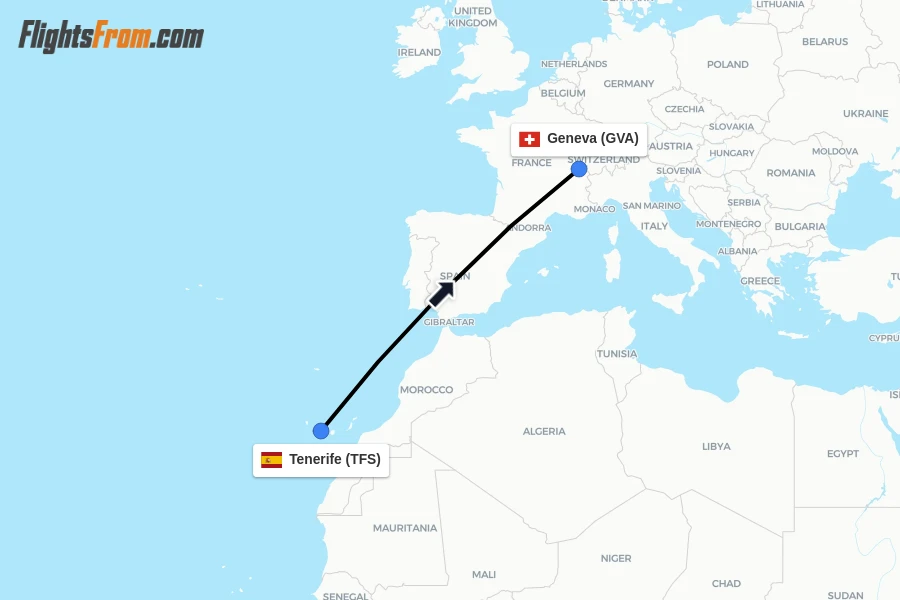 Flights from Tenerife to Geneva route map