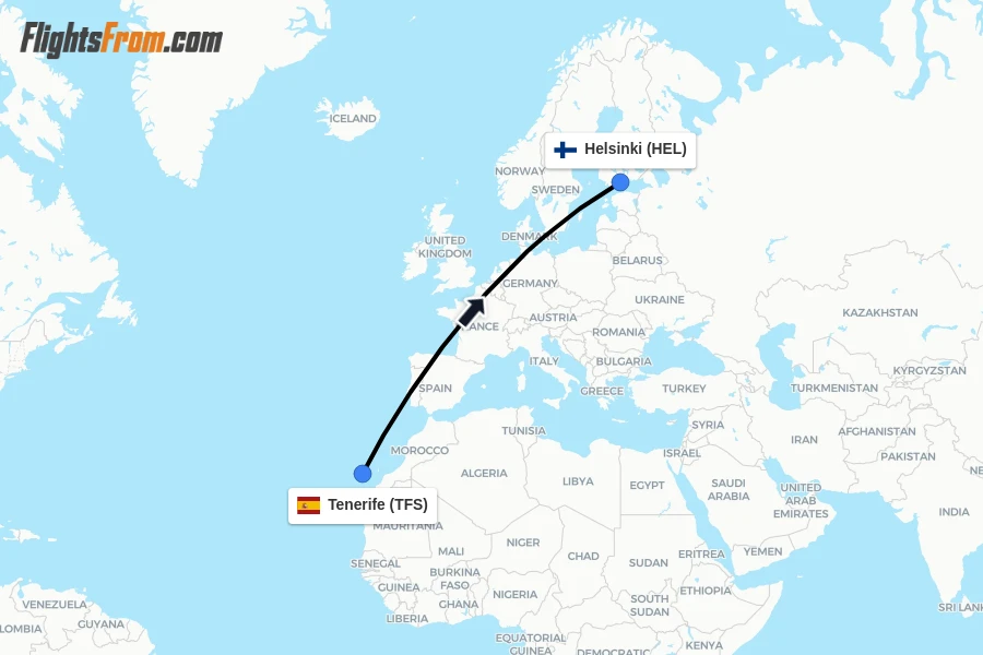 Flights from Tenerife to Helsinki route map