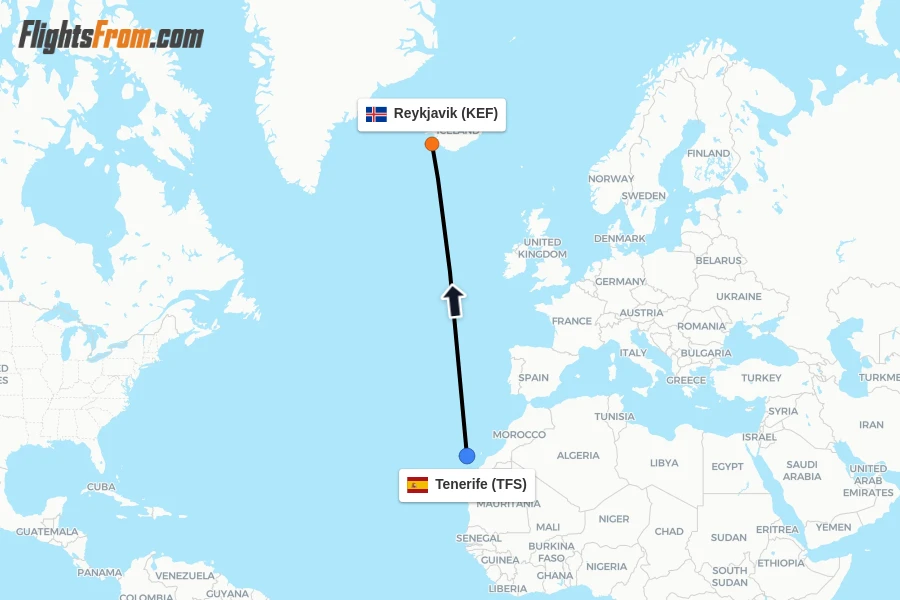 Flights from Tenerife to Reykjavik route map