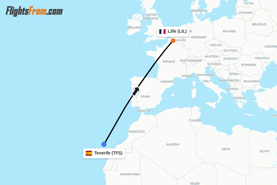 Flights from Tenerife to Lille route map