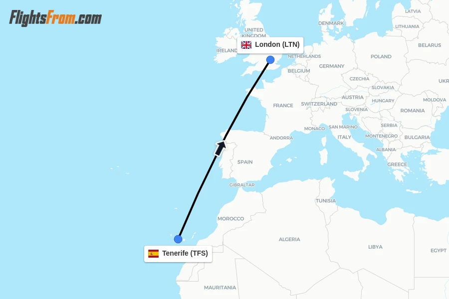 Flights from Tenerife to London route map