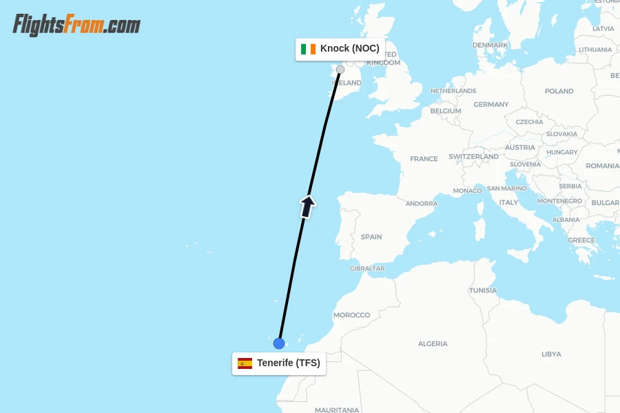 Flights from Tenerife to Knock route map