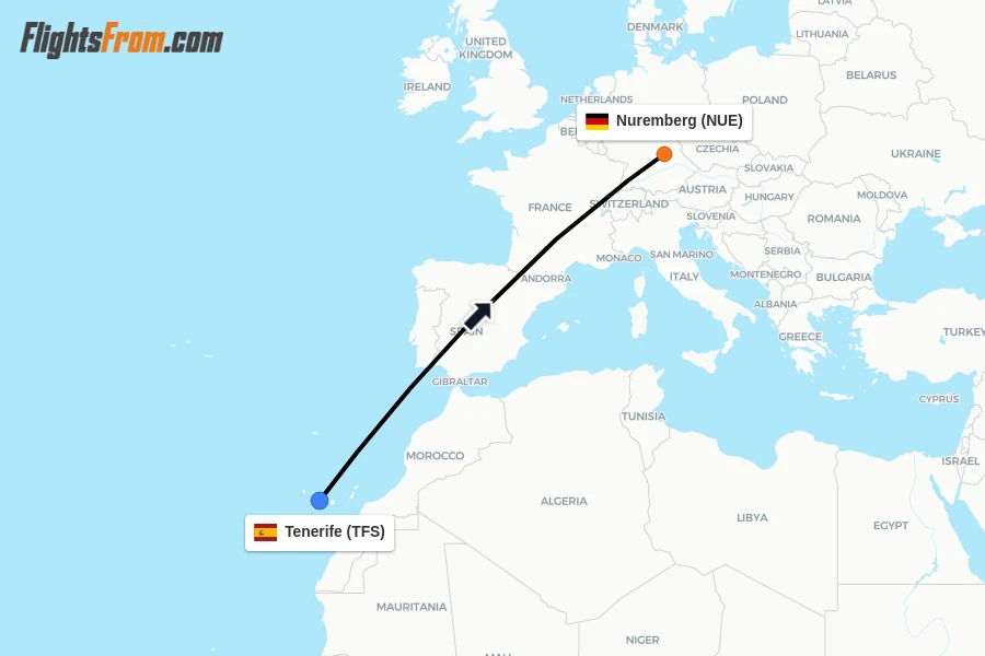Flights from Tenerife to Nuremberg route map