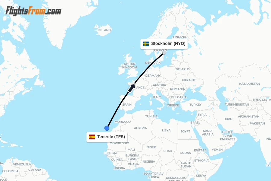Flights from Tenerife to Stockholm route map