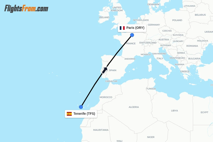 Flights from Tenerife to Paris route map