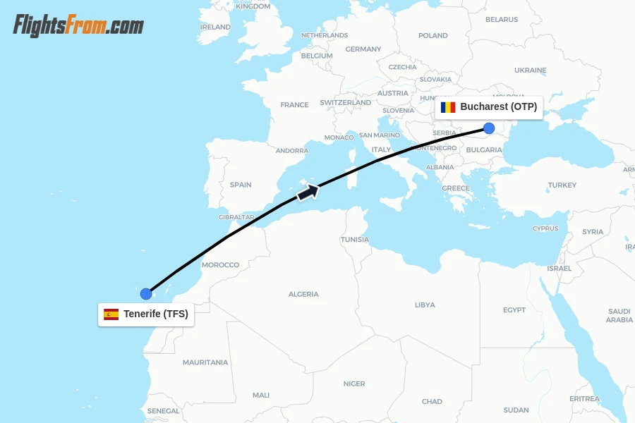 Flights from Tenerife to Bucharest route map