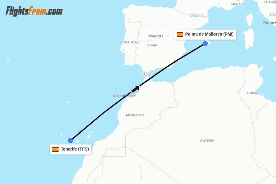 Flights from Tenerife to Palma de Mallorca route map