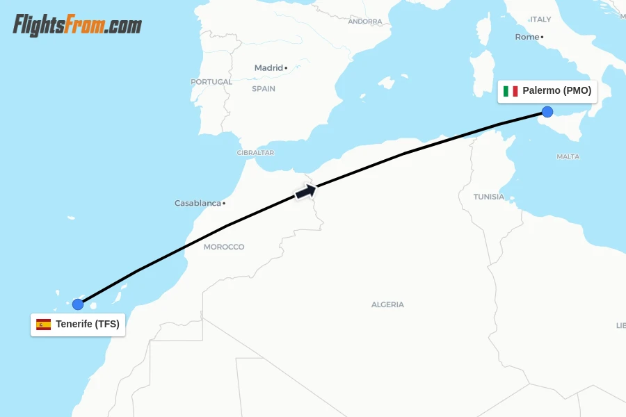 Flights from Tenerife to Palermo route map