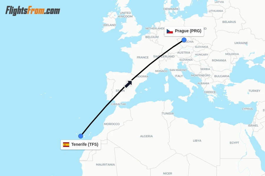 Flights from Tenerife to Prague route map