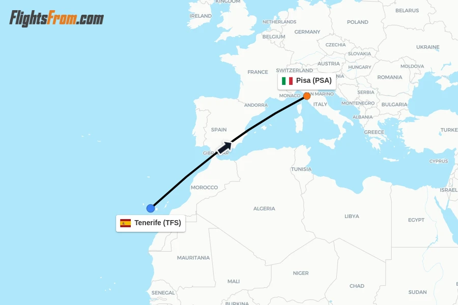Flights from Tenerife to Pisa route map
