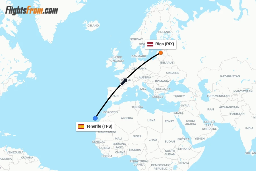 Flights from Tenerife to Riga route map