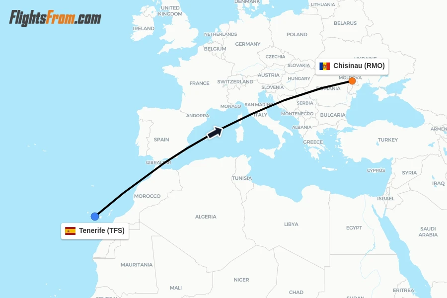 Flights from Tenerife to Chisinau route map