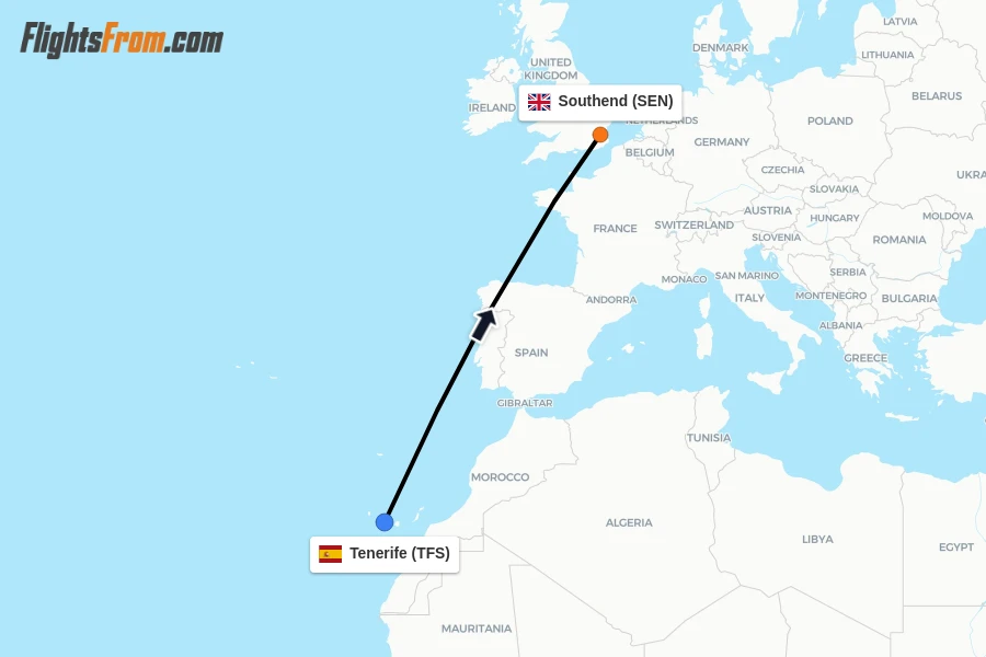 Flights from Tenerife to Southend route map