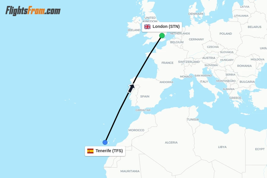 Flights from Tenerife to London route map