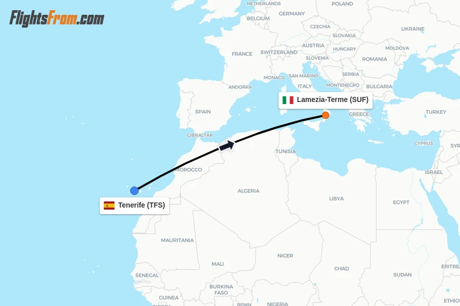Flights from Tenerife to Lamezia-Terme route map