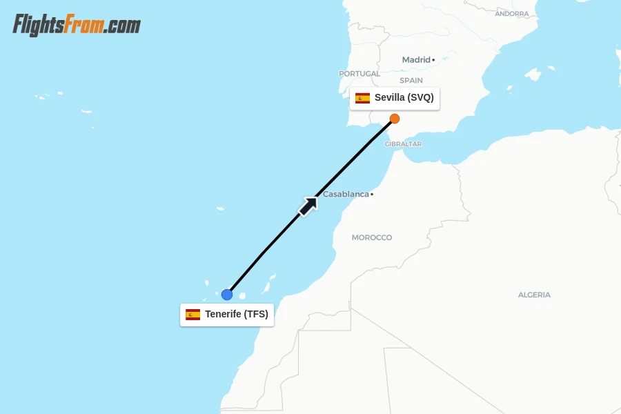 Flights from Tenerife to Sevilla route map