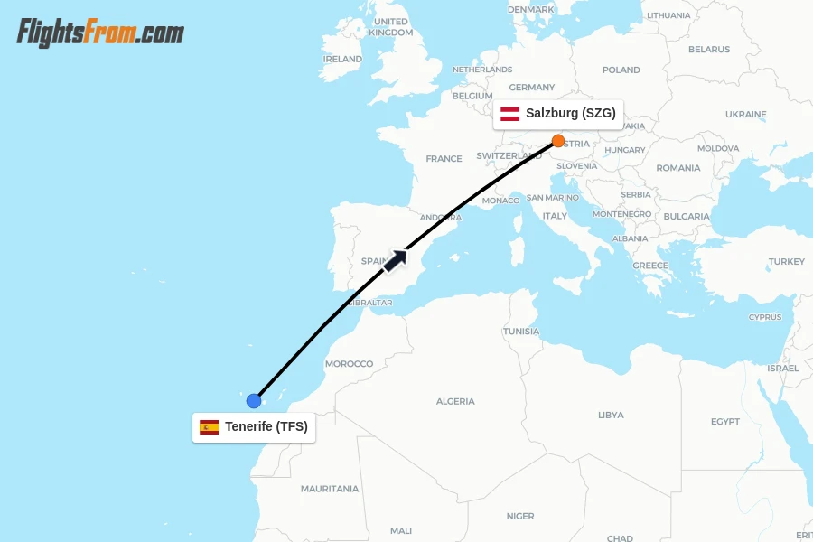 Flights from Tenerife to Salzburg route map