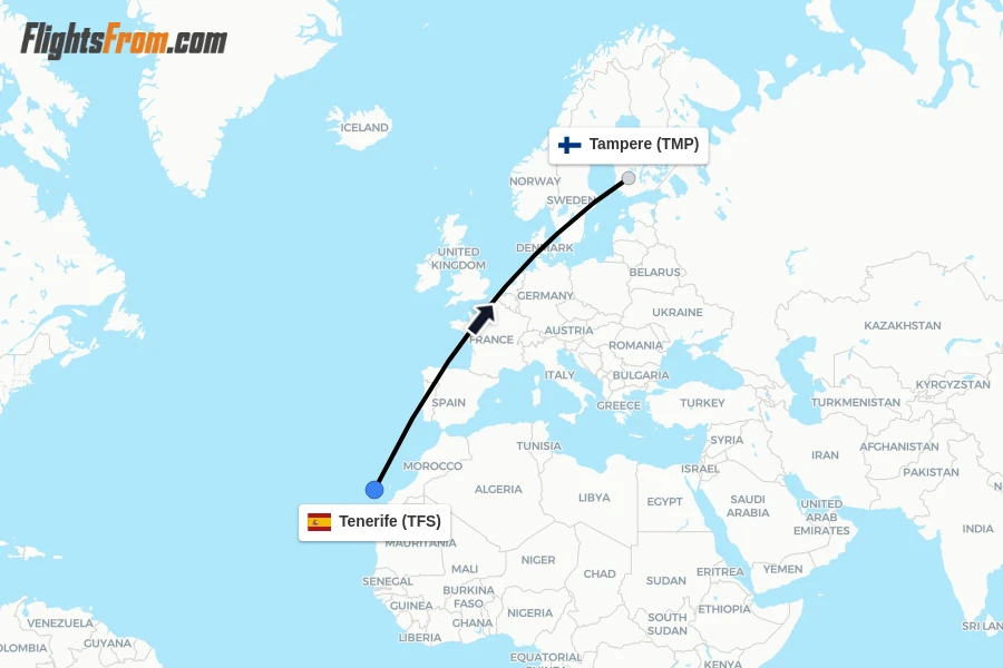 Flights from Tenerife to Tampere route map