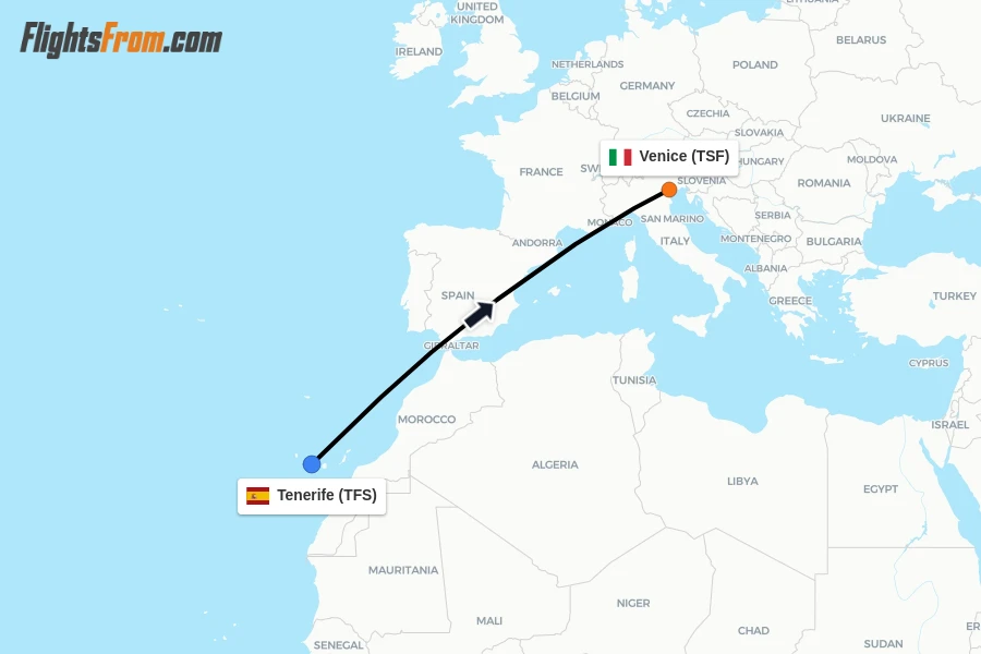 Flights from Tenerife to Venice route map