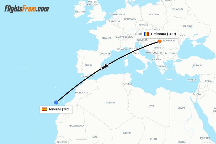 Flights from Tenerife to Timisoara route map