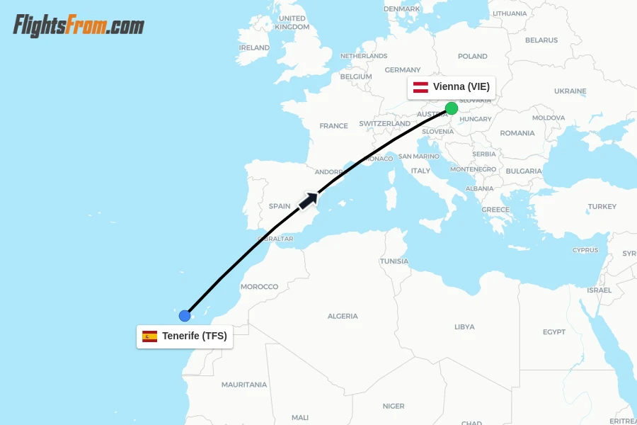 Flights from Tenerife to Vienna route map