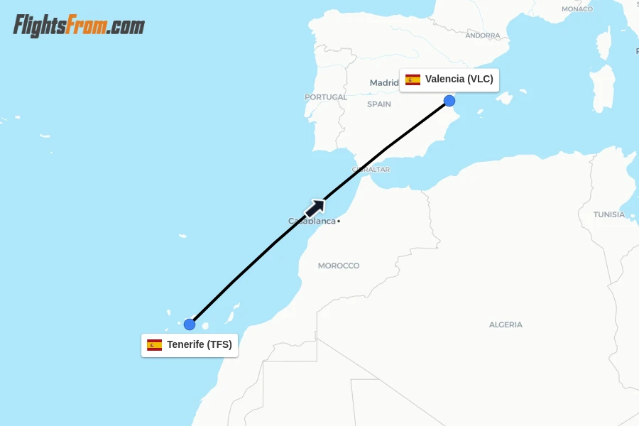 Flights from Tenerife to Valencia route map