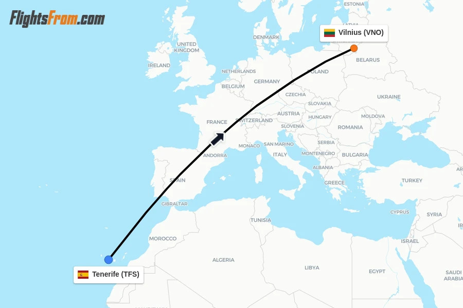 Flights from Tenerife to Vilnius route map