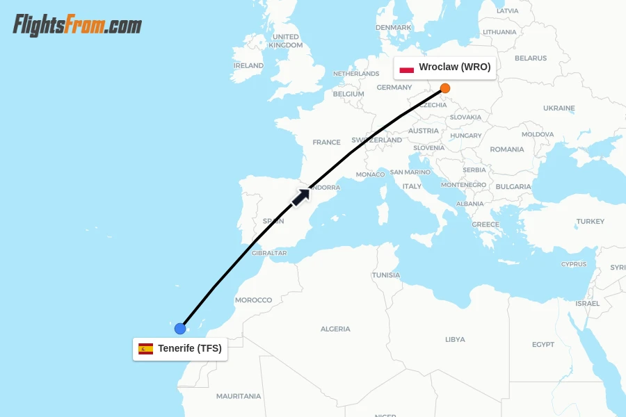 Flights from Tenerife to Wroclaw route map