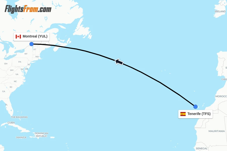 Flights from Tenerife to Montreal route map