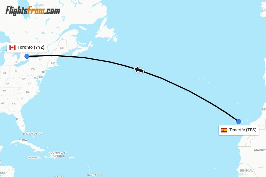 Flights from Tenerife to Toronto route map