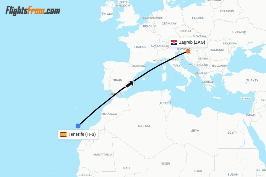 Flights from Tenerife to Zagreb route map