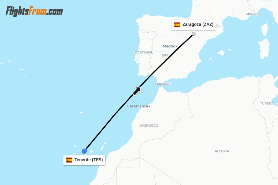 Flights from Tenerife to Zaragoza route map