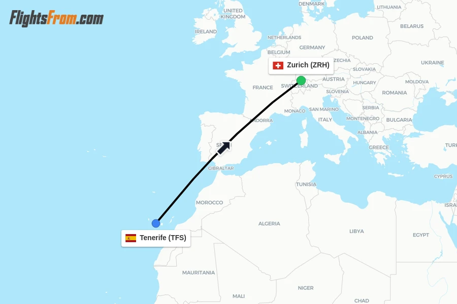 Flights from Tenerife to Zurich route map