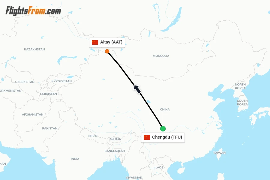 Flights from Chengdu to Altay route map