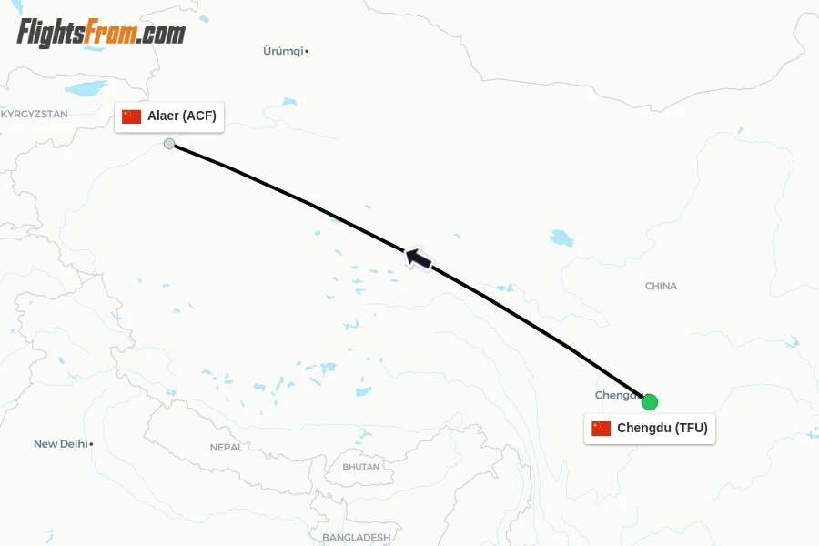 Flights from Chengdu to Alaer route map