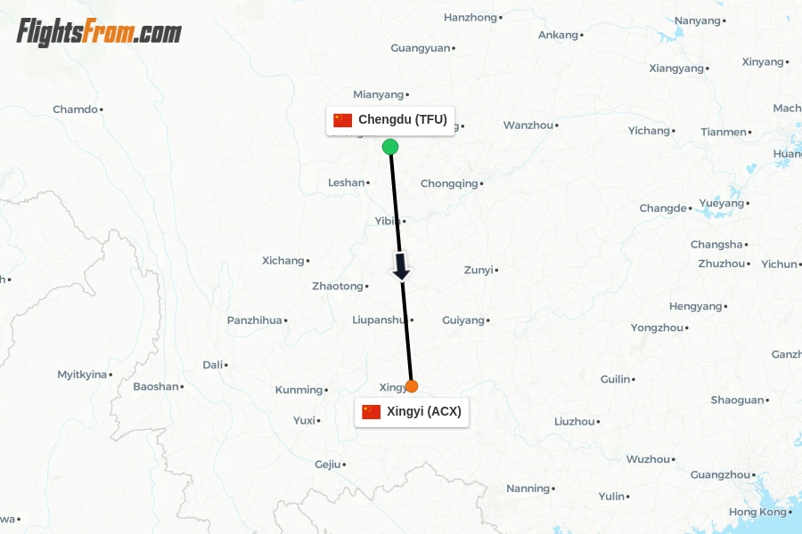 Flights from Chengdu to Xingyi route map