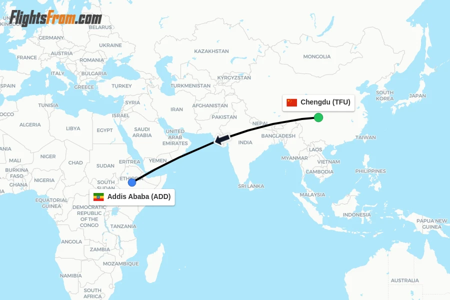Flights from Chengdu to Addis Ababa route map