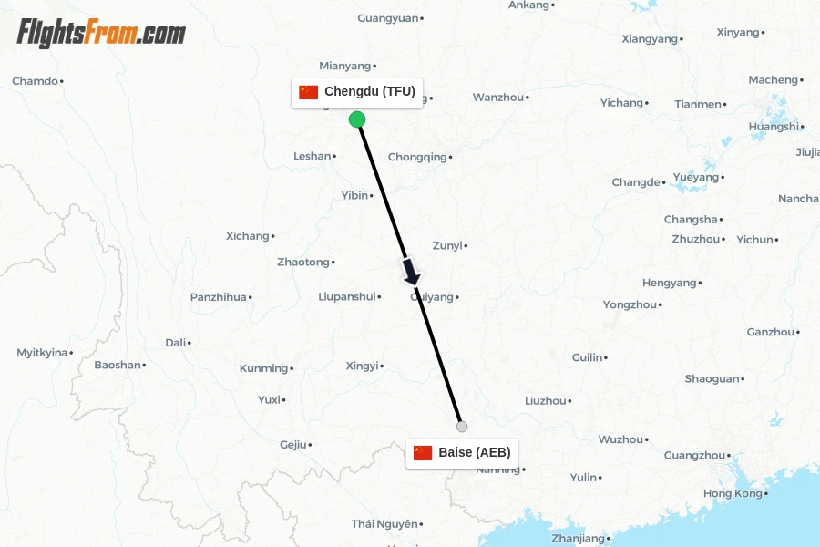 Flights from Chengdu to Baise route map