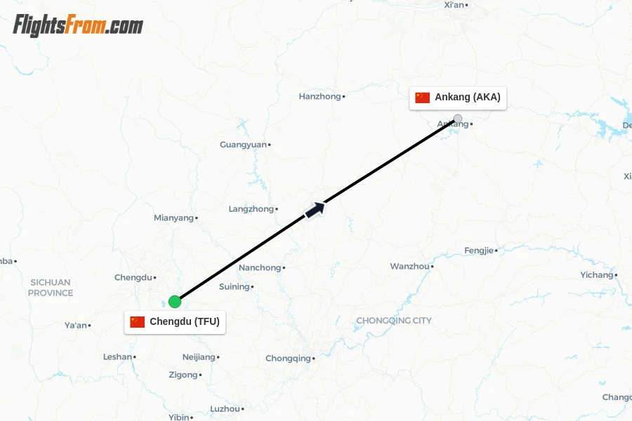 Flights from Chengdu to Ankang route map