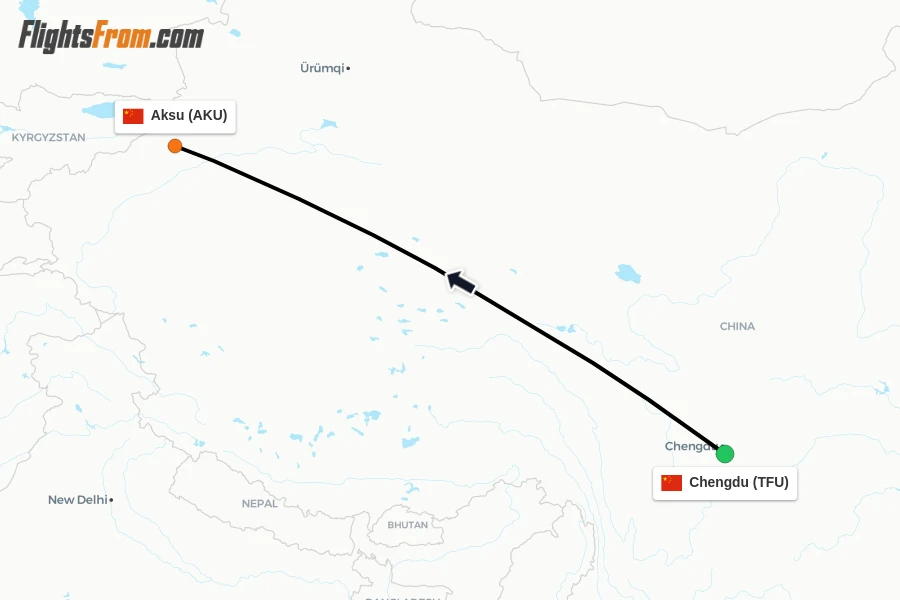 Flights from Chengdu to Aksu route map
