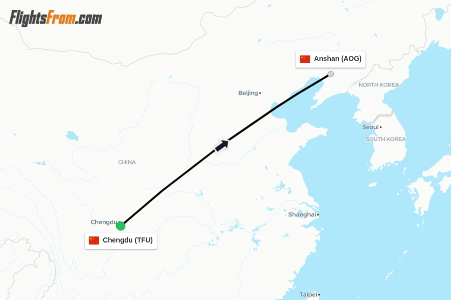 Flights from Chengdu to Anshan route map