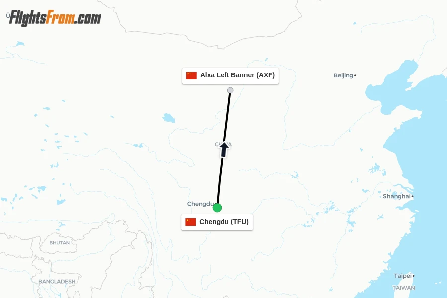 Flights from Chengdu to Alxa Left Banner route map