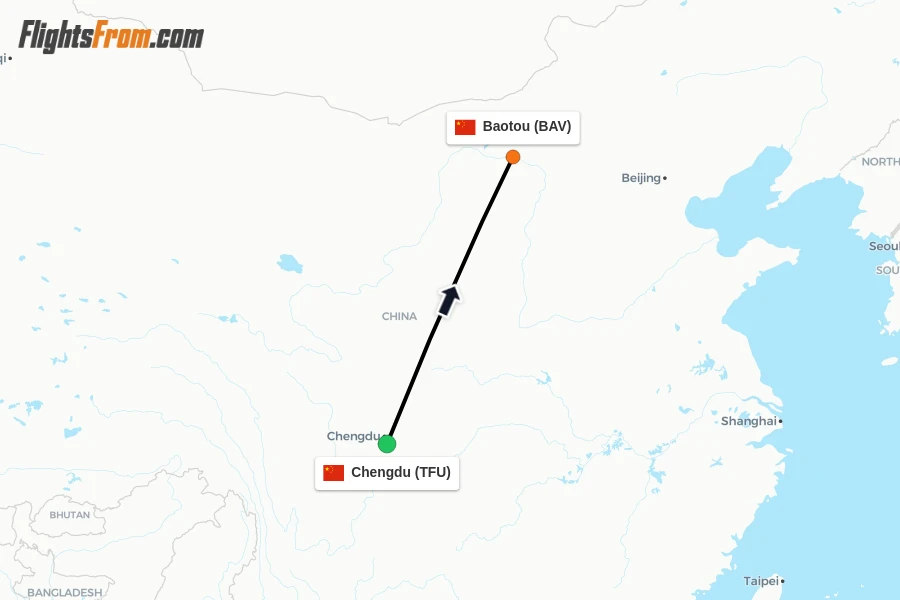 Flights from Chengdu to Baotou route map